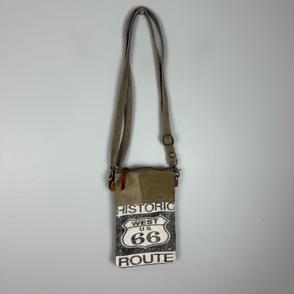 Boho Canvas Cross Body Purse US 66 West Adjustable Strap Up-Cycled Recycled Zip